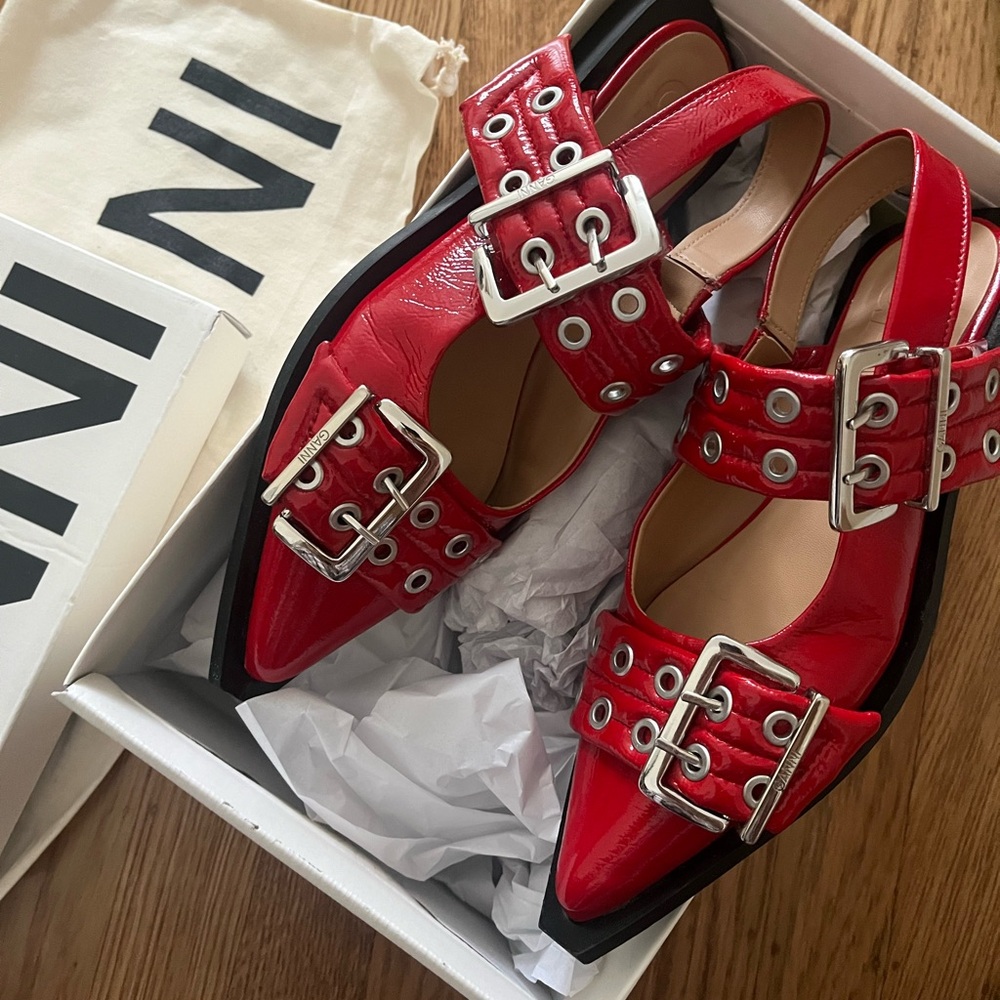 Ganni Red Feminine Buckle Ballerina Flats